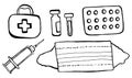 Medical doodle. The most necessary to protect the body from the virus in the body. Medical kit, vaccine ampoules, pills, syringe,